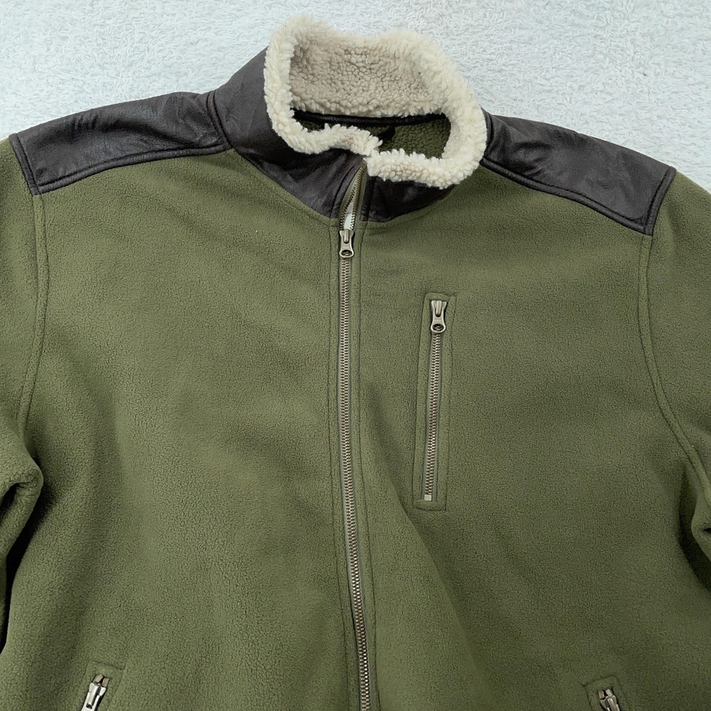 Orvis Fleece Jacket Mens XL Green Sherpa Collar Faux Leather Shoulders Hunting